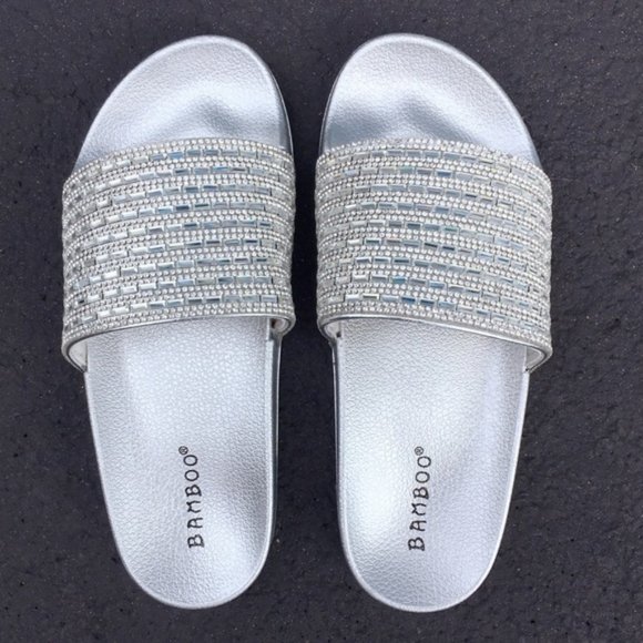 Shoes - Silver Rhinestone Crystal Mirror Slides Sandals Metallic Sandals